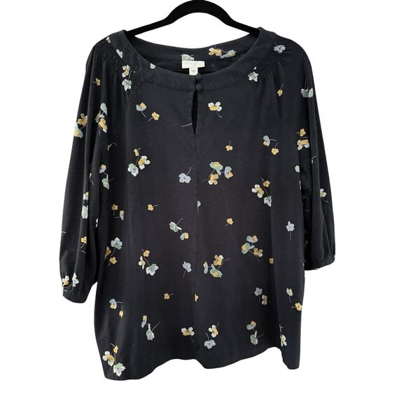 J. Jill Navy Blue Cotton Blend 3/4 Sleeve Peasant Keyhole Boho Top XL - Picture 1 of 10